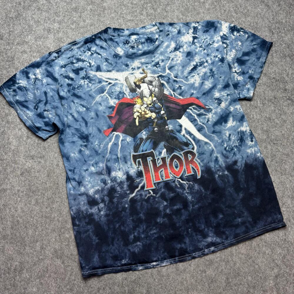 Thor Marvel Shirt Mens XL Blue Tie Dye Lightning Universal Studios Graphic Tee